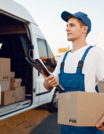 Deliveryman in uniform gives parcel, delivery